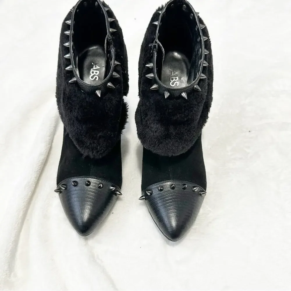 ABS Allen Schwartz Black Studded Ankle Boots fur heeled booties spiked size 8